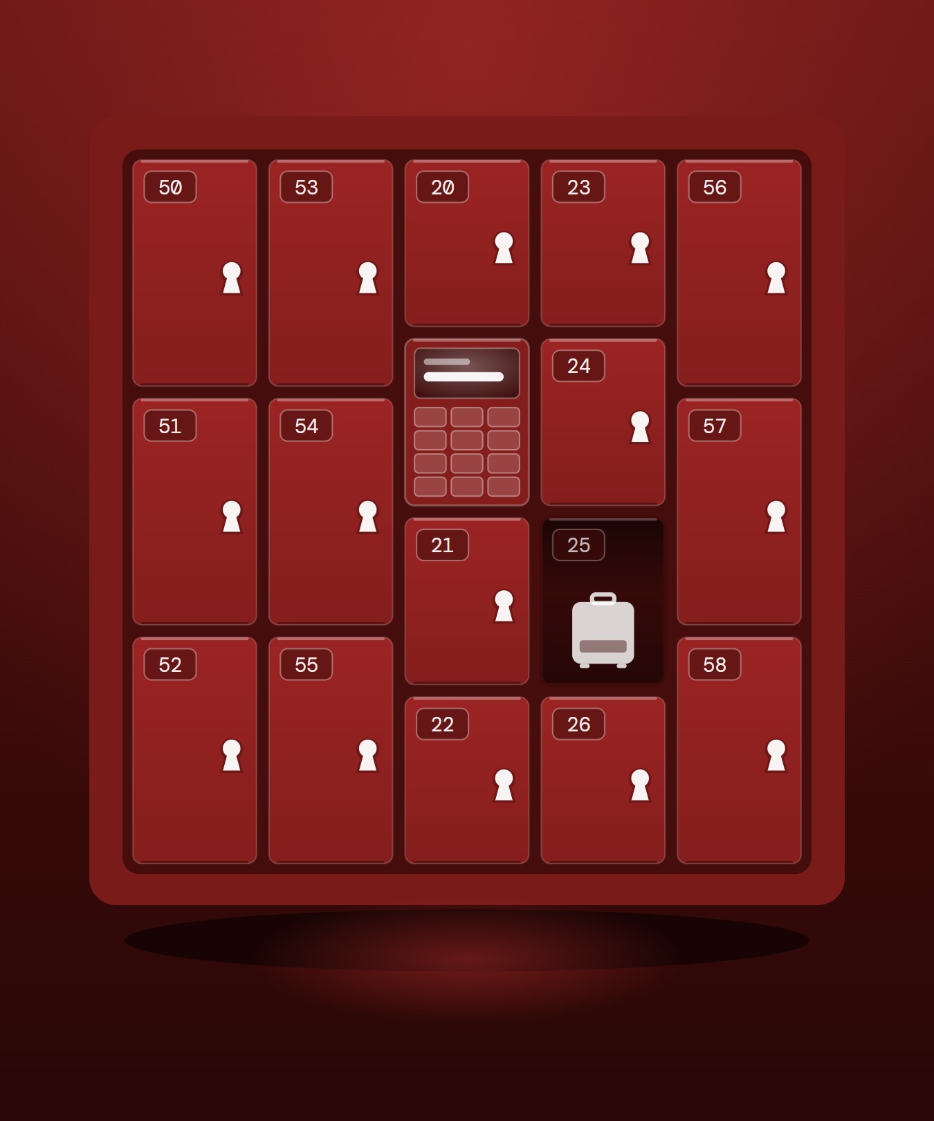 Illustration of the locker bank: five columns of numbered doors with the lit payment terminal set into the middle column, and one door standing open with a bag inside